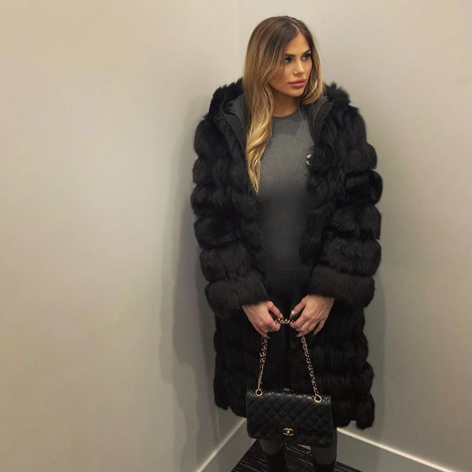 Long hooded fox fur coat- Sale