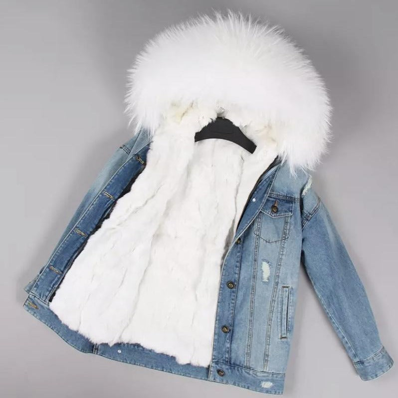 Faux fur-trimmed denim jacket in blue - Acne Studios | Mytheresa